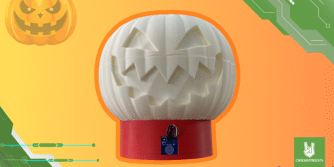 Touch o Lantern 3D-printed pumpkin on red base with hidden electronics; tap to trigger red light and creepy sound.