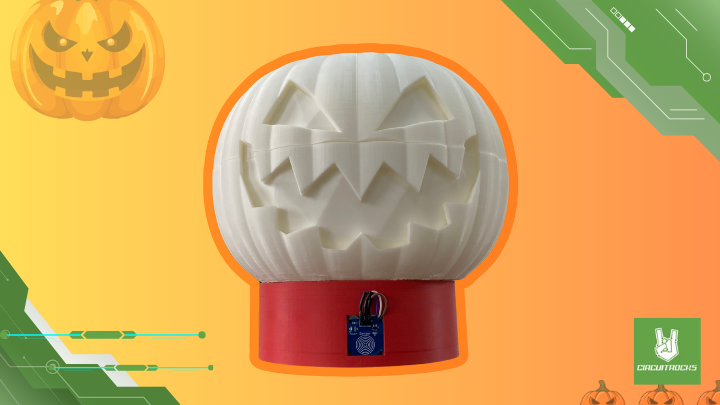 Touch o Lantern | Arduino Halloween Project Idea Touch o Lantern 3D-printed pumpkin on red base with hidden electronics; tap to trigger red light and creepy sound.