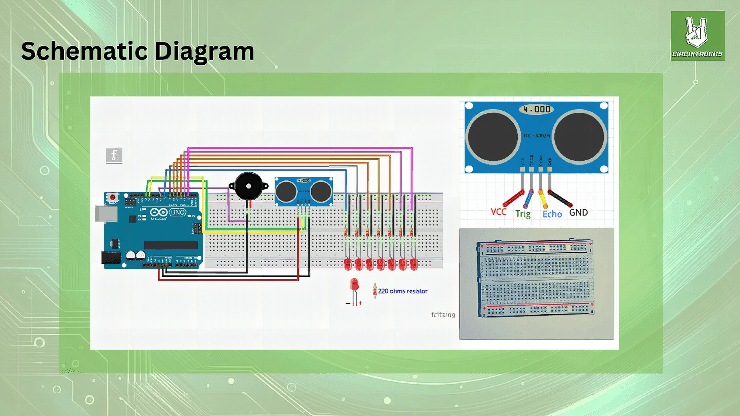 Schematic Diagram Arduino Ultrasonic Sensor with LED Indicators